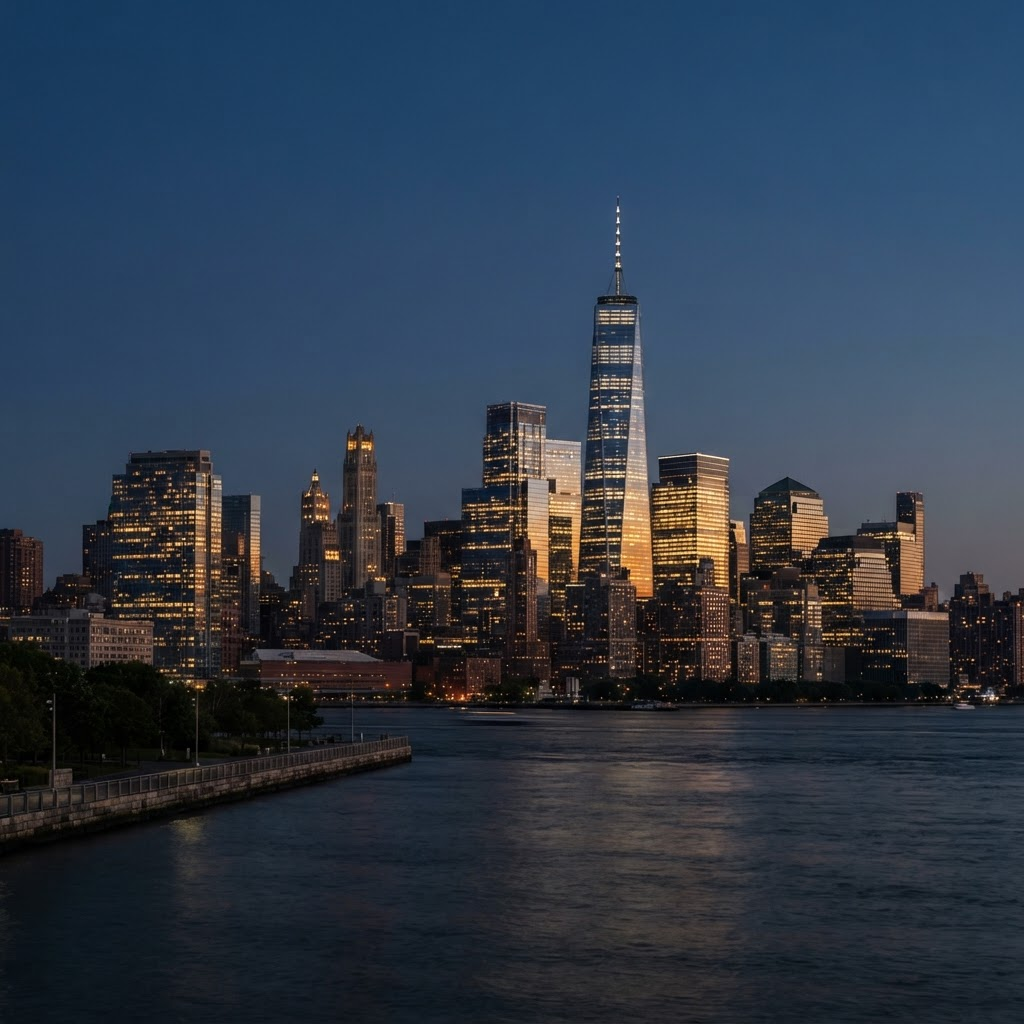 Modern financial-district skyline at blue hour